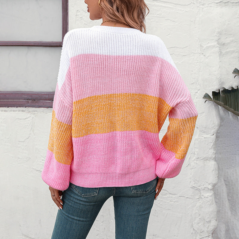 Casual Knitted Sweater with Color Blocks