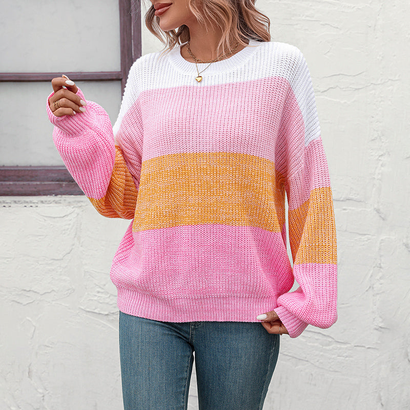 Casual Knitted Sweater with Color Blocks