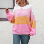 Casual Knitted Sweater with Color Blocks