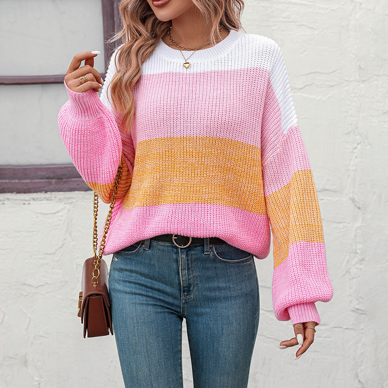 Casual Knitted Sweater with Color Blocks