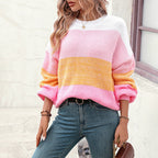 Casual Knitted Sweater with Color Blocks