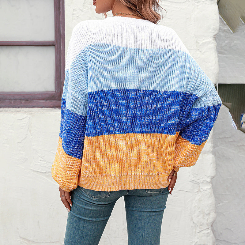 Casual Knitted Sweater with Color Blocks