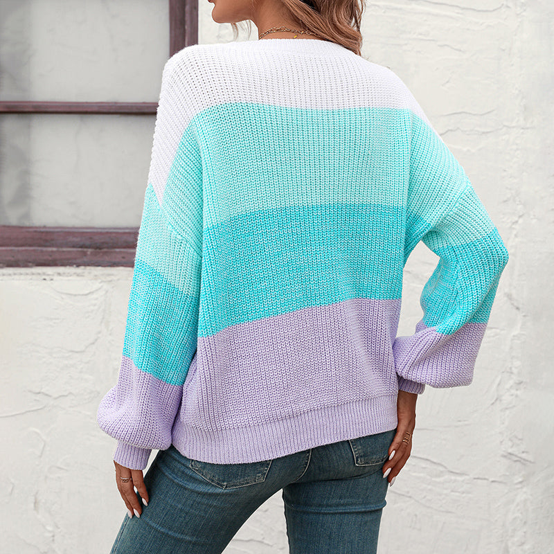 Casual Knitted Sweater with Color Blocks