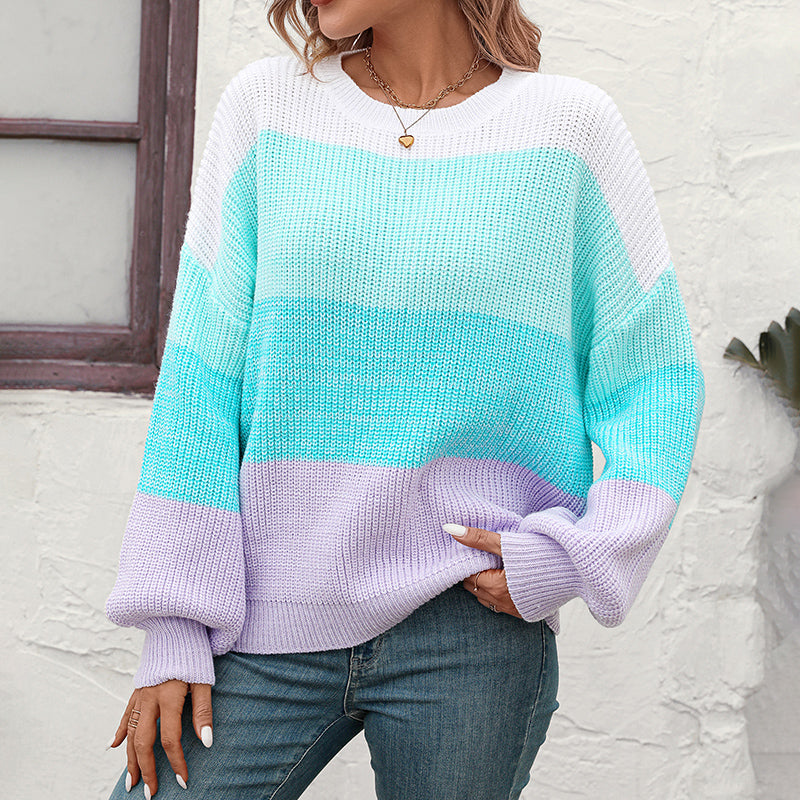 Casual Knitted Sweater with Color Blocks